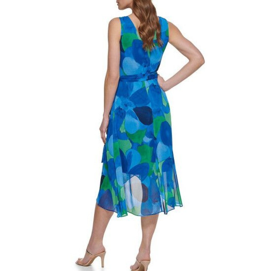 Women'S Clothing * | Deals Dkny Floral Print Faux Wrap Sleeveless Surplice V-Neck Chiffon Midi Dress Green Grass