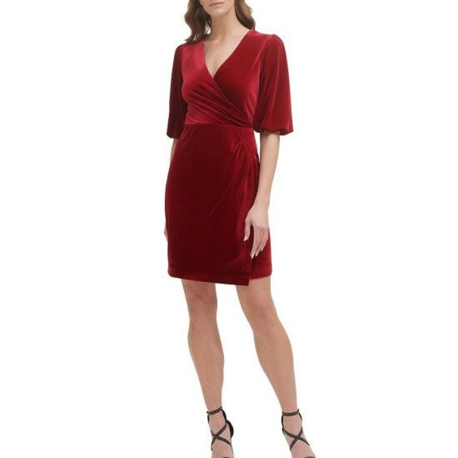 Women'S Clothing * | Deals Dkny Velvet Side Rouch Surplice V-Neck Bubble Short Sleeve Faux Wrap Dress Scarlet