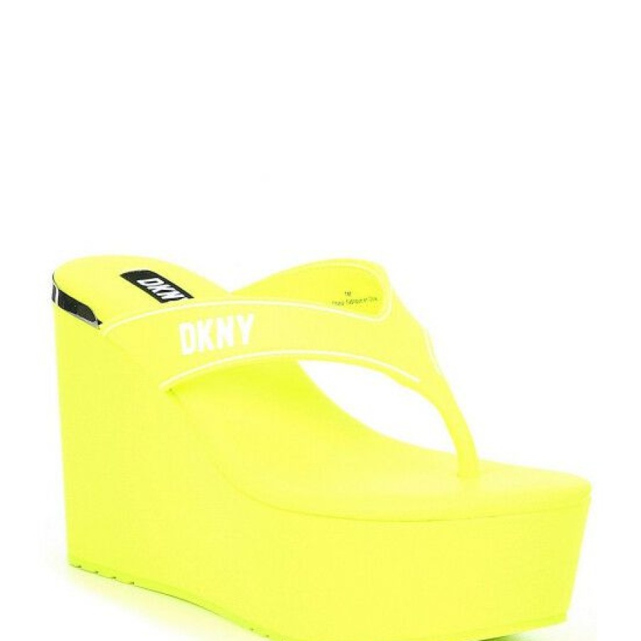 Shoes * | Promo Dkny Trina Platform Wedge Thong Sandals Zest/White