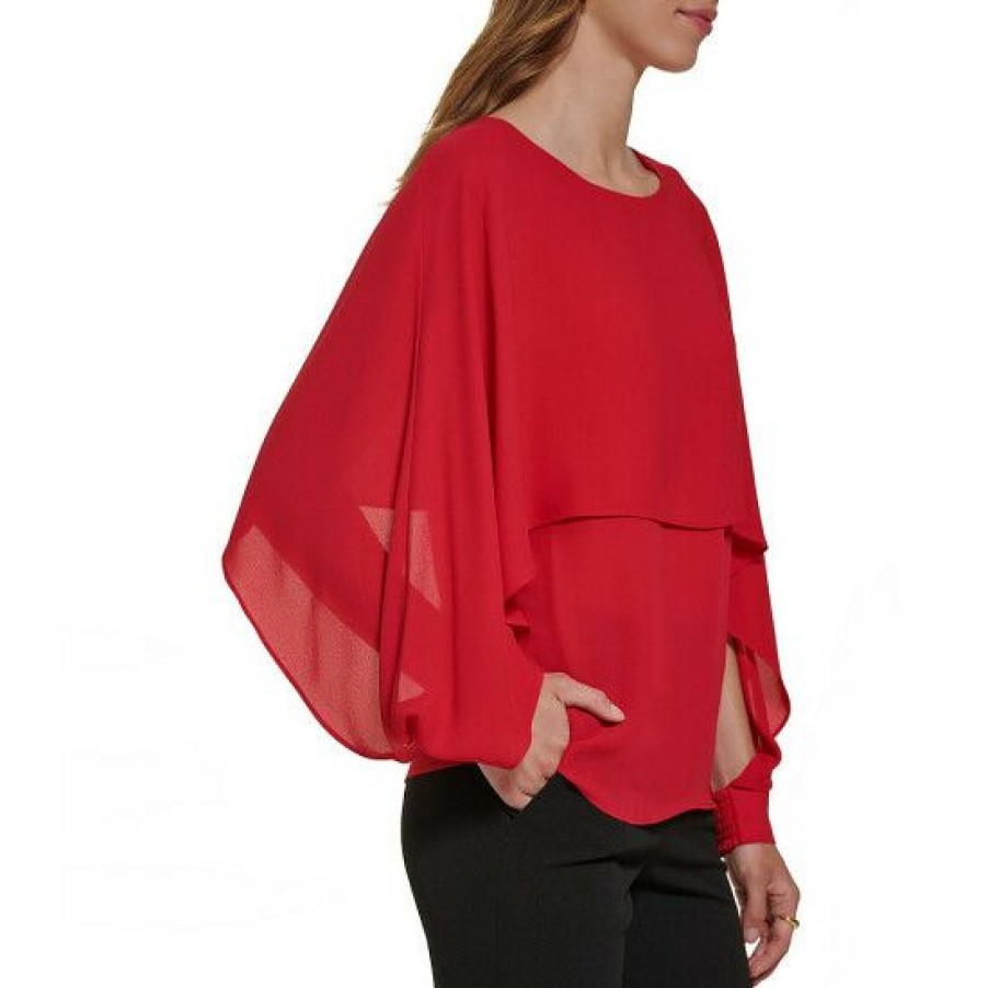 Women'S Clothing * | Best Pirce Dkny Jewel Neck Long Draped Sleeve Layered Cape Top Scarlet