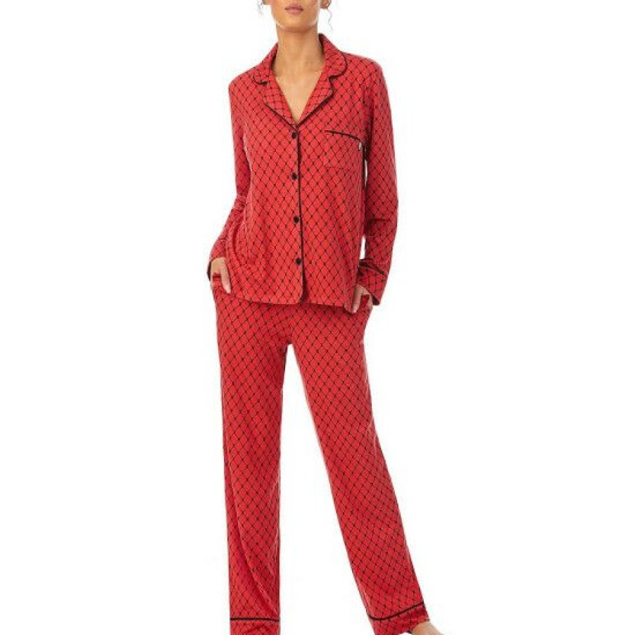 Lingerie * | Hot Sale Dkny Brick Dkny Logo Print Long Sleeve Notch Collar Patch Pocket Shirt & Pants Knit Pajama Set Red/Print