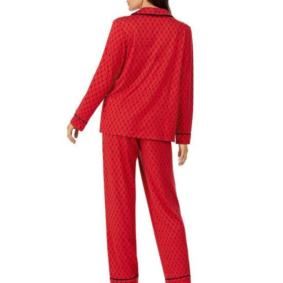 Lingerie * | Hot Sale Dkny Brick Dkny Logo Print Long Sleeve Notch Collar Patch Pocket Shirt & Pants Knit Pajama Set Red/Print