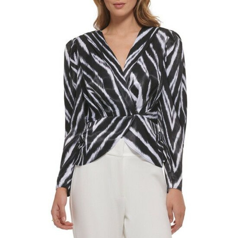 Women'S Clothing * | Flash Sale Dkny Chevron Zebra Stripe Print Surplice V-Neck Long Sleeve Wrap Front Blouse Black/White Multi