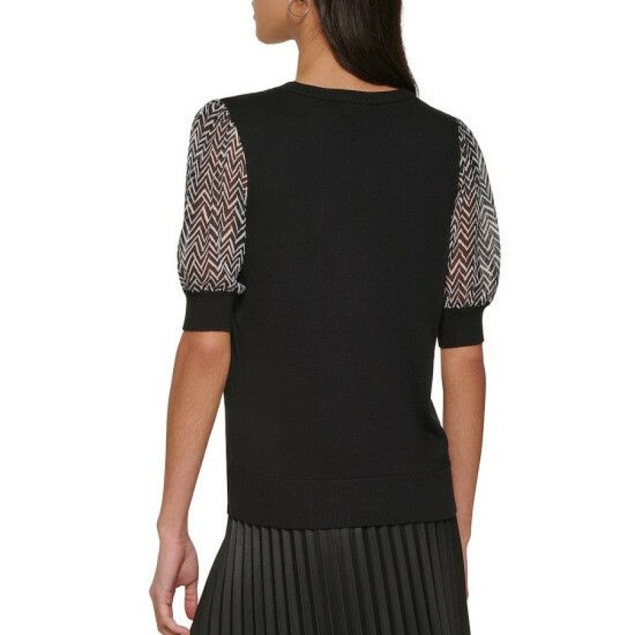 Women'S Clothing * | Brand New Dkny Crew Neck Short Puff Chevron Print Sleeve Mixed Media Top Black/Ivory