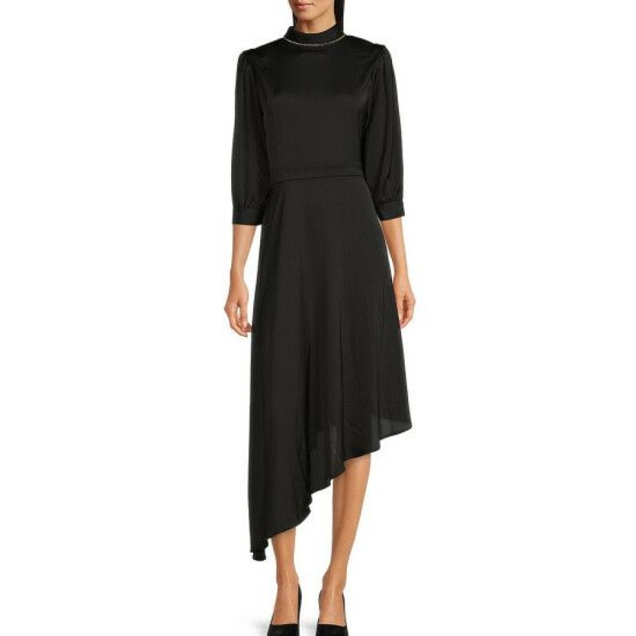 Women'S Clothing * | Buy Dkny Satin Back Jewel Trim Mock Neck Long Sleeve Midi Dress Black