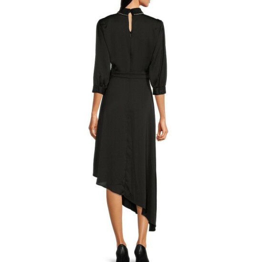 Women'S Clothing * | Buy Dkny Satin Back Jewel Trim Mock Neck Long Sleeve Midi Dress Black