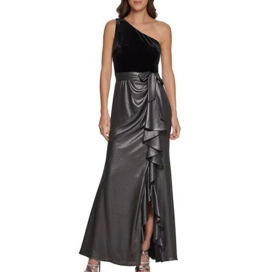 Women'S Clothing * | Cheap Dkny Velvet And Foiled Chiffon Front Cascading Ruffle Mixed Media Gown Black/Silver