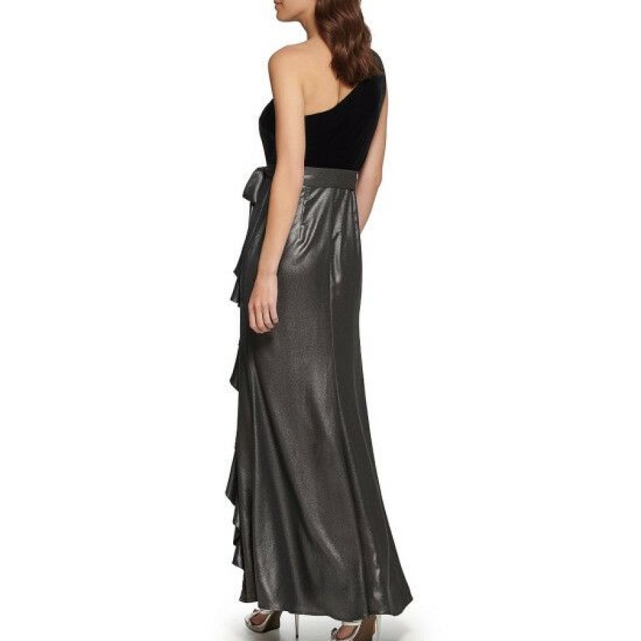 Women'S Clothing * | Cheap Dkny Velvet And Foiled Chiffon Front Cascading Ruffle Mixed Media Gown Black/Silver