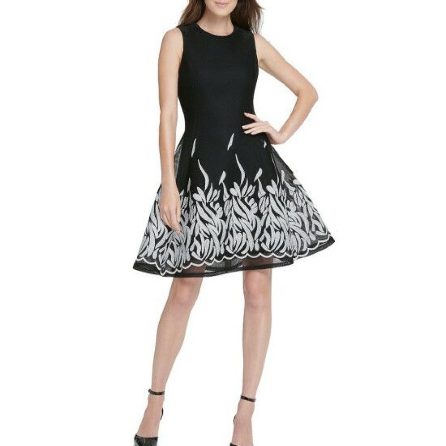 Women'S Clothing * | Buy Dkny Embroidered Mesh Crew Neck Sleeveless Fit And Flare Dress Black/Ivory