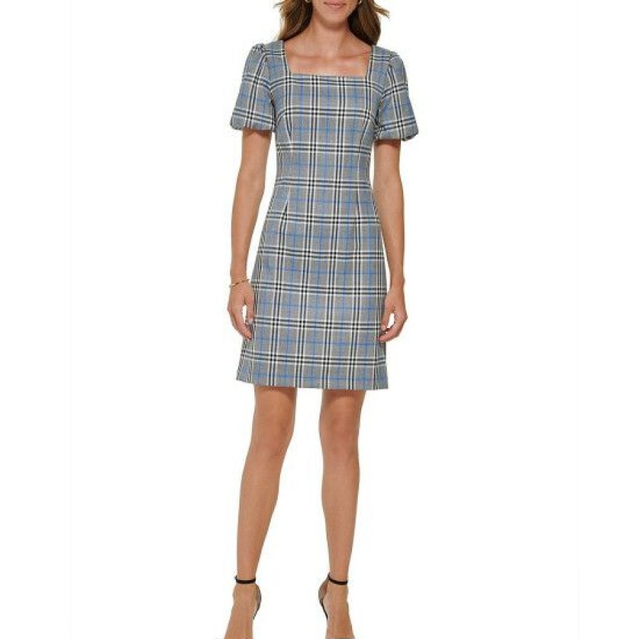 Women'S Clothing * | Budget Dkny Stretch Plaid Square Neck Short Balloon Sleeve Sheath Dress Blue Plaid Combo