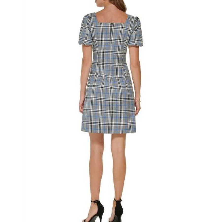 Women'S Clothing * | Budget Dkny Stretch Plaid Square Neck Short Balloon Sleeve Sheath Dress Blue Plaid Combo