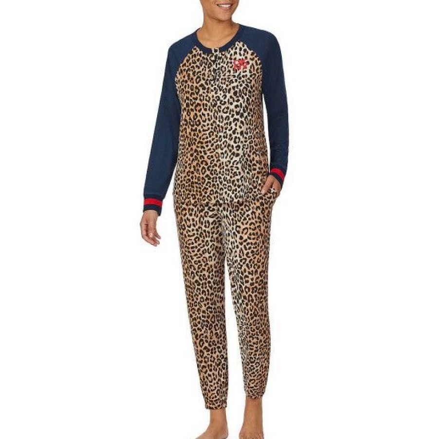 Lingerie * | Flash Sale Dkny Animal Print Long Sleeve Henley Neck Pajama Set Brown Animal Print