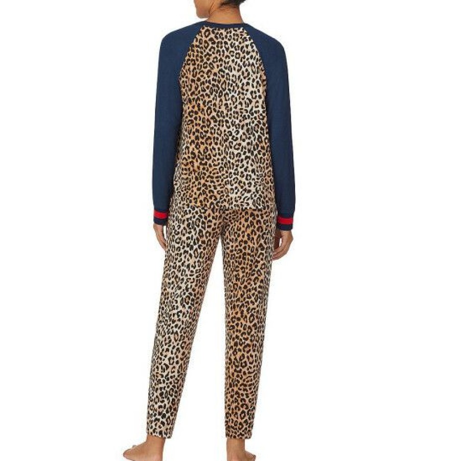 Lingerie * | Flash Sale Dkny Animal Print Long Sleeve Henley Neck Pajama Set Brown Animal Print