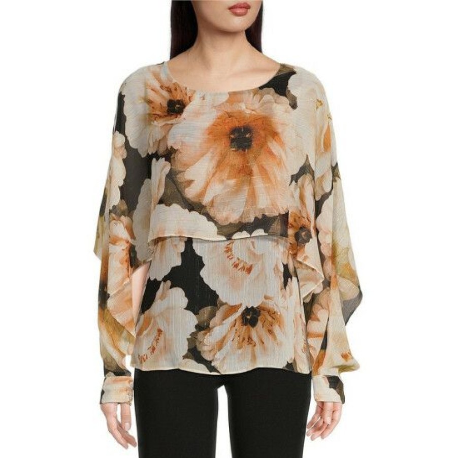 Women'S Clothing * | Promo Dkny Floral Print Jewel Neck Long Sleeve Flowy Crinkle Lurex Layered Chiffon Top Oatmeal Multi