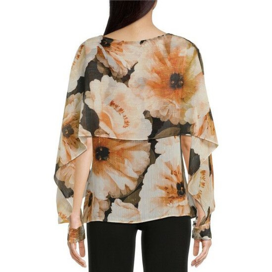 Women'S Clothing * | Promo Dkny Floral Print Jewel Neck Long Sleeve Flowy Crinkle Lurex Layered Chiffon Top Oatmeal Multi