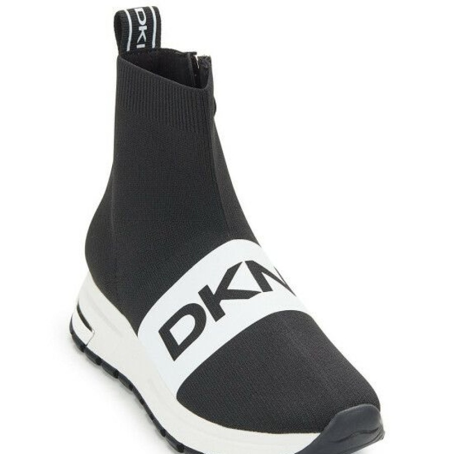 Shoes * | Top 10 Dkny Mace Logo Wedge Sock Sneakers Black/White