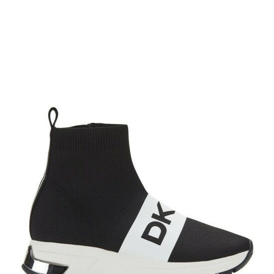 Shoes * | Top 10 Dkny Mace Logo Wedge Sock Sneakers Black/White